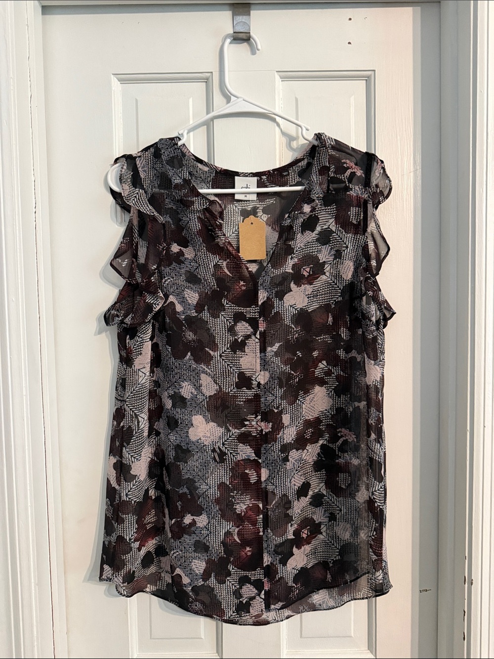 Cabi sheer floral ruffle-sleeve blouse in black and burgundy